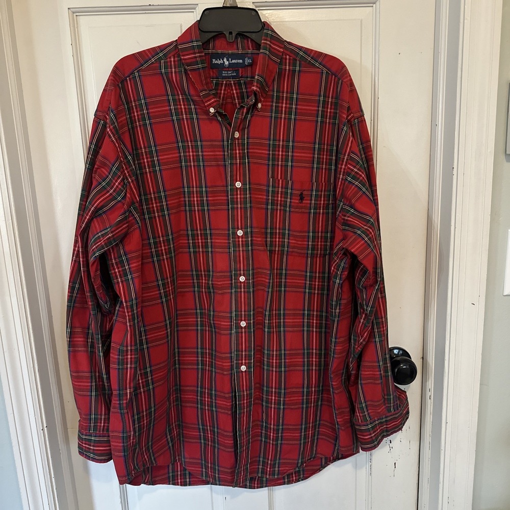 Ralph‎ Lauren Big Shirt Red Tartan Plaid Button Down Mens Size XL 100% Cotton